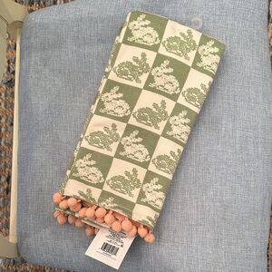 Sage Green and Cream Checkered Kitchen Towel with Pom Pom Trim
